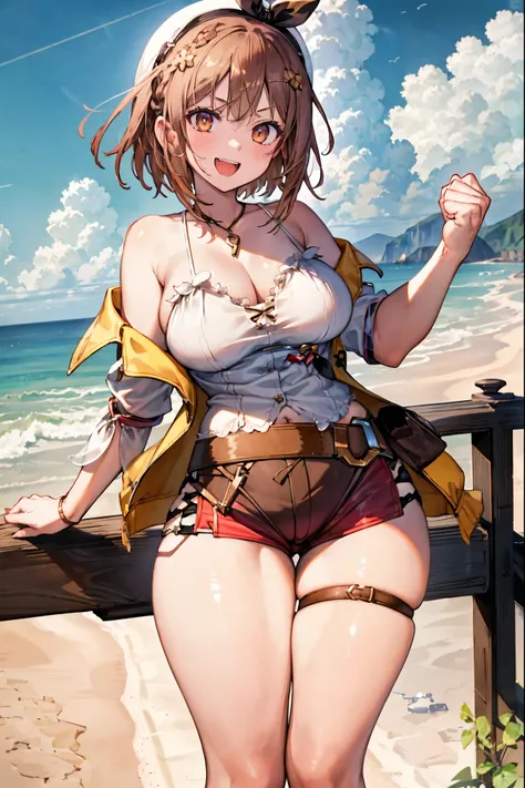  Masterpiece,  top quality,  Hi-Res,   very detailed CG , 2nd Default,   asymmetrical design costume,  Bare Thighs , belt, chest, teeth,  is laughing,  beach,1teen_girl,white_camisole,large_breasts,large_thighs,short_shorts,apart_legs,raise_fist,