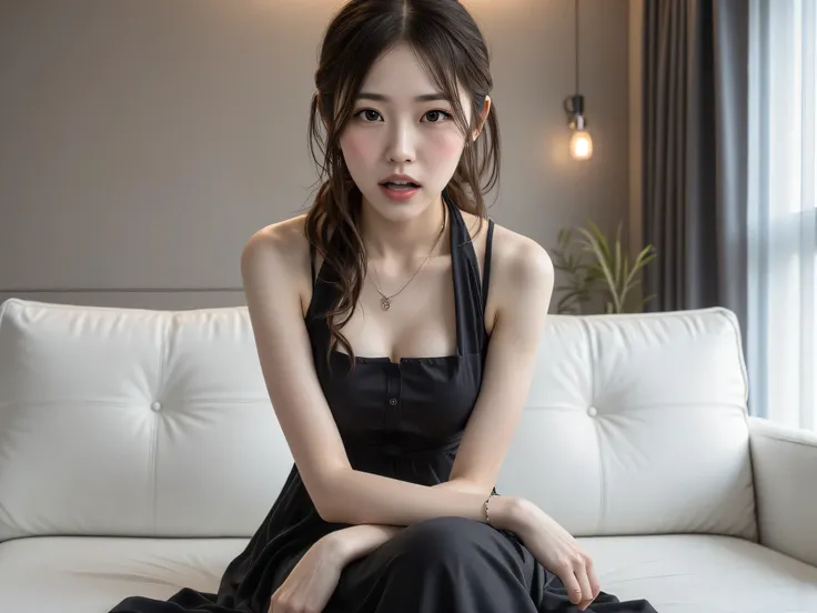 ( top quality, 8k, 32K, Masterpiece),Kulstree , Mr. , Japanese people, ผมดำ,(  black dress ),  solemnity , Drooping cheeks  ,30 years old,medium breasts, I tied my hair,Pubic hair:5.1, great laughter, front view, dress without revealing chest slits, Midi D...