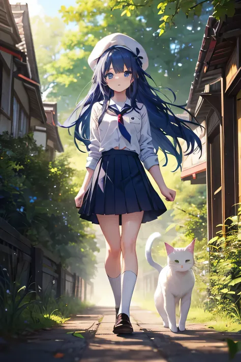 Beautiful girl with long dark blue hair, blue eyes, walking on a narrow path wearing a school uniform, tie, shirt, skirt, shoes,  white beret, sword, comienza a blandir la sword y practicar, strong breeze , sakura leaves, white cat.