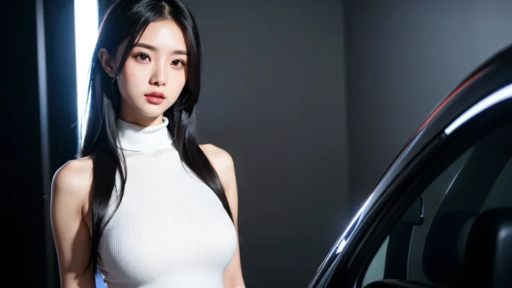 ((near future,ultra-precise depiction,high resolution)),asian cute woman with Perfect Figure, Vivid, white modern sleeveless turtleneck ,studio background,long black hair,photography,
