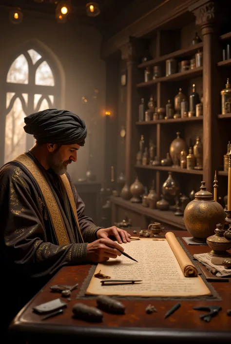 **Prompt:** Imagine a vivid tapestry of medieval medicine within a historic hospital that feels like a gateway to another era. This enchanting space is filled with ancient medical instruments, towering shelves of timeworn drugs and herbs, and the soft flic...