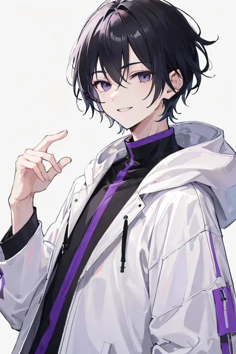 1 boy, black hair, dark eyes, purple in color, short hair, gentle atmosphere, cool, smiling, white hoodie, black coat