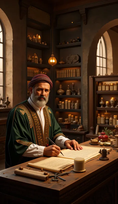 **Prompt:** Imagine a vivid tapestry of medieval medicine within a historic hospital that feels like a gateway to another era. This enchanting space is filled with ancient medical instruments, towering shelves of timeworn drugs and herbs, and the soft flic...