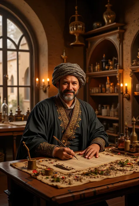 **Prompt:** Imagine a vivid tapestry of medieval medicine within a historic hospital that feels like a gateway to another era. This enchanting space is filled with ancient medical and chemical tube instruments, towering shelves of timeworn drugs and herbs,...
