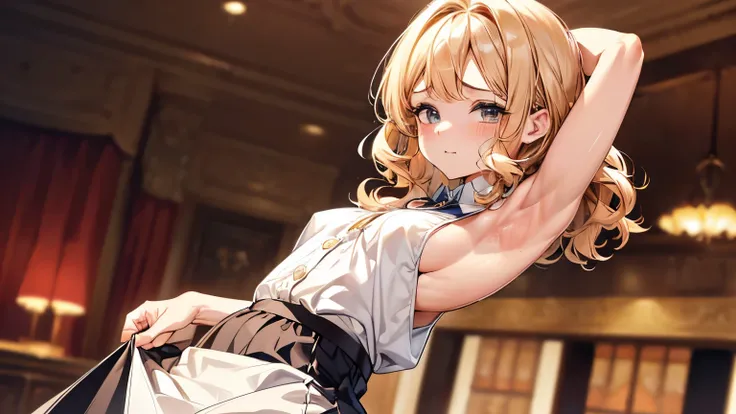 close-up、blond with a big face、short wavy hairstyle、(((very small breasts)))、cute、 shirt:1.3、、skirt((( best image quality 、High Resolution、masterpiece、one woman)))、(((armpits:1.3)))、(((is embarrassing:1.3、)))、(((cute)))、Inside the hotel, squirt ,nsfw