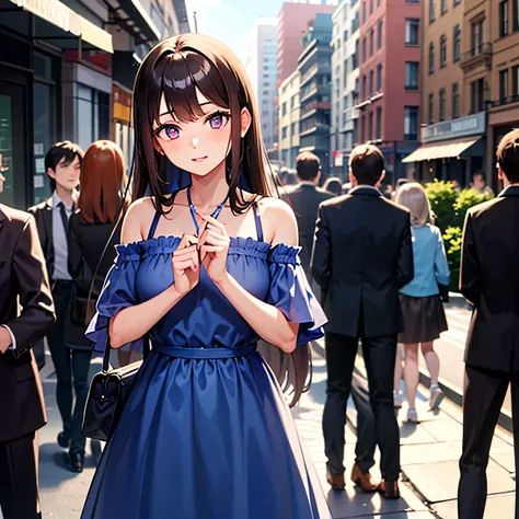 a girl, 17-years-old, brown hair, long hair, violet eyes, blue dress, on the street.