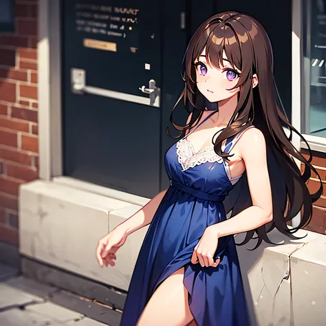 a girl, 17-years-old, brown hair, long hair, violet eyes, blue dress, on the street.