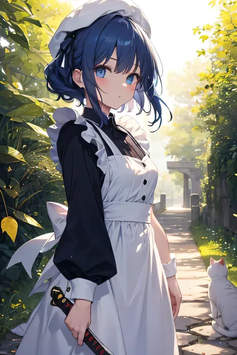 Beautiful girl with long dark blue hair, blue eyes, walking on a narrow path with cosplay Maid,  white beret, sword, comienza a blandir la sword y practicar, strong breeze , sakura leaves, white cat.