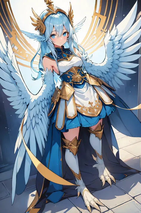 4K,High Resolution, one woman,harpy,light blue hair tied at the top,long hair, blue eyes,White Wings,Golden toenails,goddess,White sacred armor,Sleeveless,Horizontal milk,Heavy Armor,headgear with wings,Jewelry decoration,Temple in the Sky