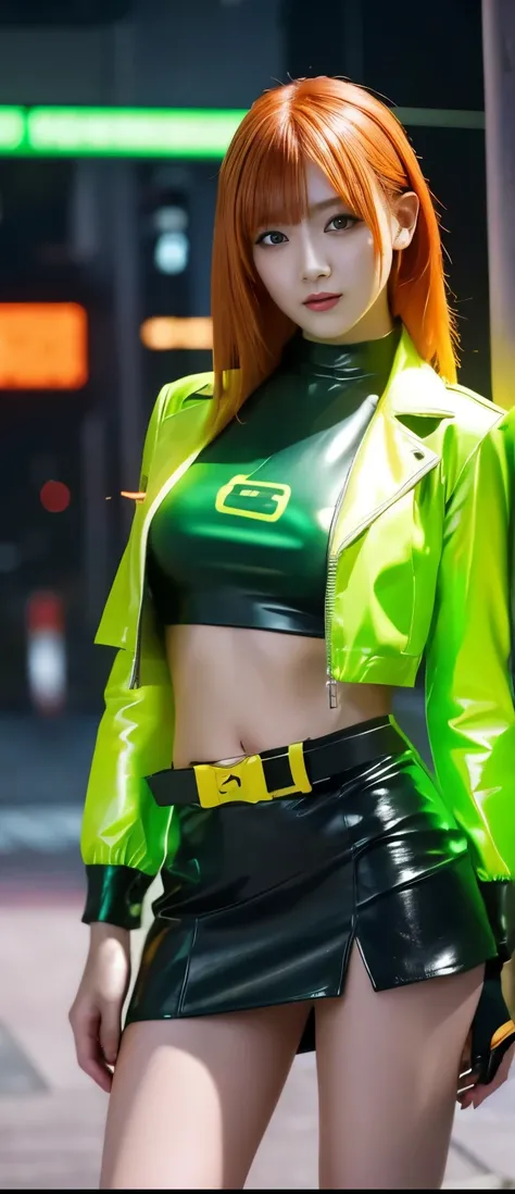 Flashy Cyberpunk Idol Girl（Orange Green Hair）、A pure girl's face、 hypo、、Fluorescent Green Armor Tight Mini Skirt、Gold Cyberpunk Jacket、Glowing Cyberspire、Cyber Belt