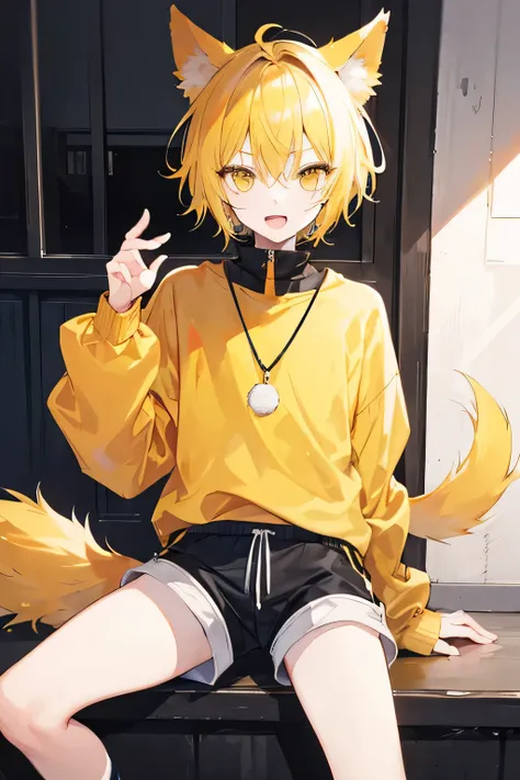 1 boy, cute yellow hair, red mesh, dog ears, dog tail, short hair, yellow eyes, gray shorts, yellow high neck sweater