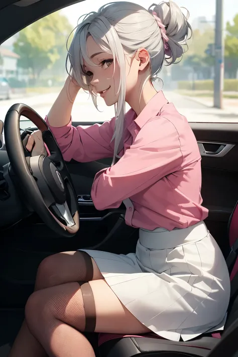 ((highest quality)), ((masterpiece)), (details), ((a 40-year-old mature housewife)), ((Alone)), beautiful, sexy, perfect face, beautiful face, ultra-detailed face, (long silver hair), ((hair up)), black eyes, ((hands on the steering wheel)), driving the sp...