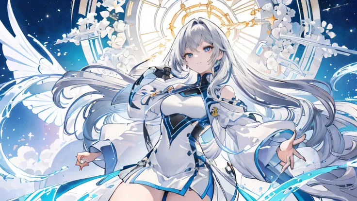 (thick thighs), (curved),  sexy, (Gray Hair), (オレンジのeye,) (輝くeye,) 1 girl, pale skin, (二色のeye),  eyelashes, smile,  glowing skin, shiny hair, long hair,  is watching you, anime, beautiful anime eye, beautiful detailed eye, eye, glittering eye, (neon),(,   ...