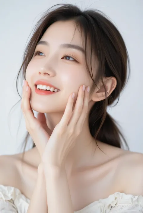 I need you to create an image of a beautiful Asian woman representing her face, plain white background,Dermal peeling,Conservative attire,Touch your face with one hand,and looked very comfortable,I looked up my head slightly,These characters are real and ...