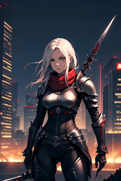 ninja, female, mechanical, heavy metal, armor, darkness, wielding chained sickle, spikes, long red scarf, standing on top of a skyscraper, best quality, high resolution, 8k, dynamic lighting, rough texture, shadowing
