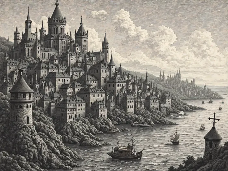 
15th century city engraving. under the control of Leviathan, is a world of whispers and unpredictable intrigue. This city specializes in, souls shrouded in secret knowledge and destructive gossip. oceanfront city 