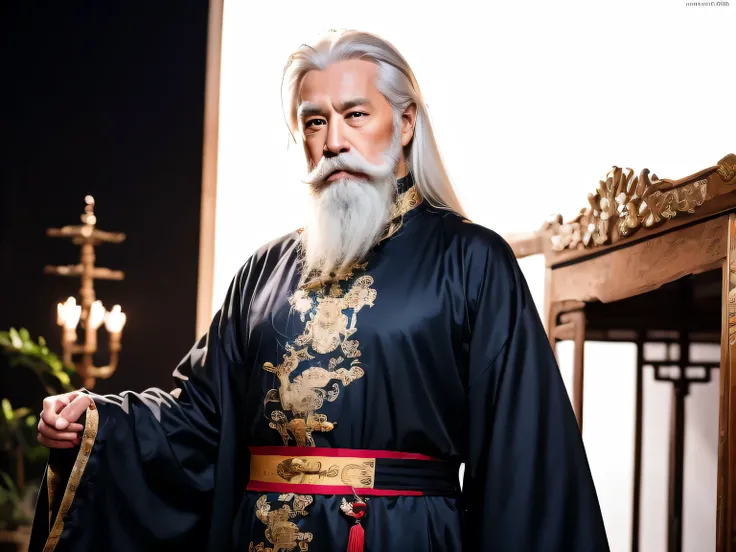 Old Man Antique Chinese Dress, stand, standสุภาพ, , one person in the picture, elegant, White mustache, white beard, white hair, Navy Blue Hermit Dress with Gold Stripe, Long White Hair, Front corner, black background, images, Masterpiece,movies,8K resol...