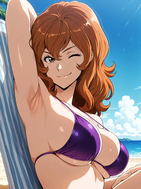 masterpiece, best quality, amazing quality, anime screencap, anime coloring, 1girl, solo, fujiko_mine, brown eyes, purple bikini, (large breasts:0.4), bare shoulders, arm behind head, armpit, head towards viewer, looking at viewer, smile, smug, front light...