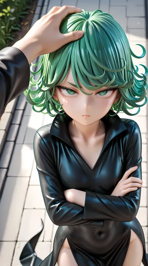 solo, 1girl, looking up, crossed arms, upturned eyes, half closed eyes, (disgust:0.6), :/, pov hand, hand on another's head
BREAK tatsumaki, short hair, curly hair, long black sleeves, dress, flat chest, 
BREAK sunset, (outdoor, street:1.3)
BREAK pov, (fro...