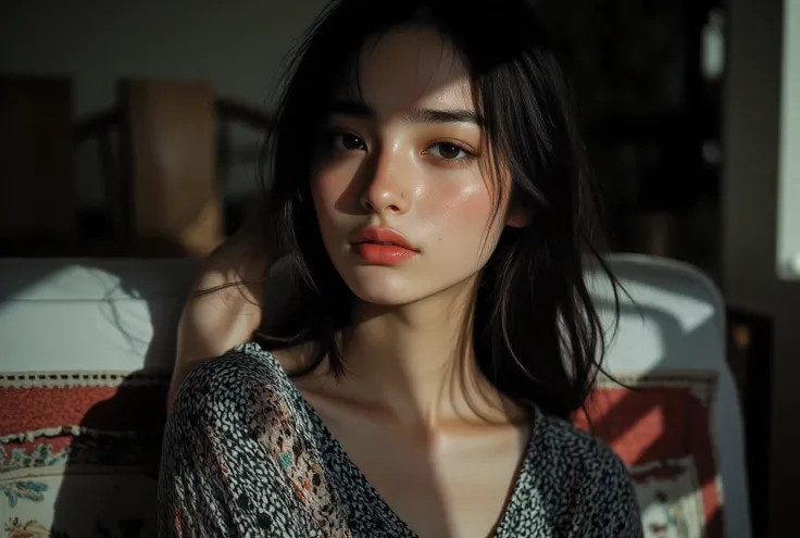 (Large prominent perky breasts squeezing together to show cleavage) Flash photography, gyaru, Aesthetically pleasing cinematic composition, epic perspective, dramatic lighting and shadows, symmetrical and detailed, Cute girl with small perky breasts in a b...