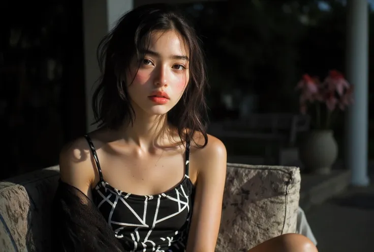 (Large prominent perky breasts squeezing together to show cleavage) Flash photography, gyaru, Aesthetically pleasing cinematic composition, epic perspective, dramatic lighting and shadows, symmetrical and detailed, Cute girl with small perky breasts in a b...