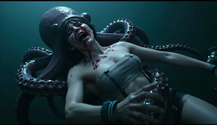  Jill Valentine totalement nue,  est en train d'être mangée par un énorme poulpe zombie, dans la mer。
Elle crie de douleur. Elle est horrifiée et terrorisée. Elle a du sang sur la poitrine.
La pieuvre la suce 。
Pleurant et demandant de l'aide .