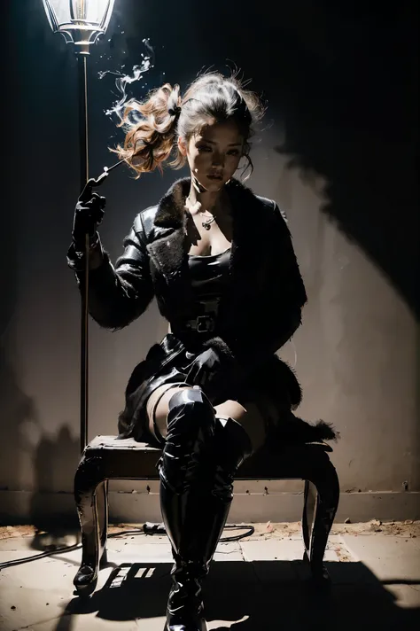 highest quality,greatest masterpiece,highest resolution,Photorealistic,(Late Night,Pitch Darkness:1.4,One street lamp with a faint light:1.4,She's sitting on a bench right under a street lamp and smoking:1.4,Holding a lit cigarette in hand:1.7,The street l...