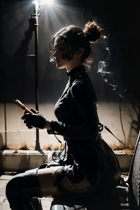 highest quality,greatest masterpiece,highest resolution,Photorealistic,(Late Night,Pitch Darkness:1.4,One street lamp with a faint light:1.4,She's sitting on a bench right under a street lamp and smoking:1.4,I have a lighted cigarette in my hand:1.6,The st...