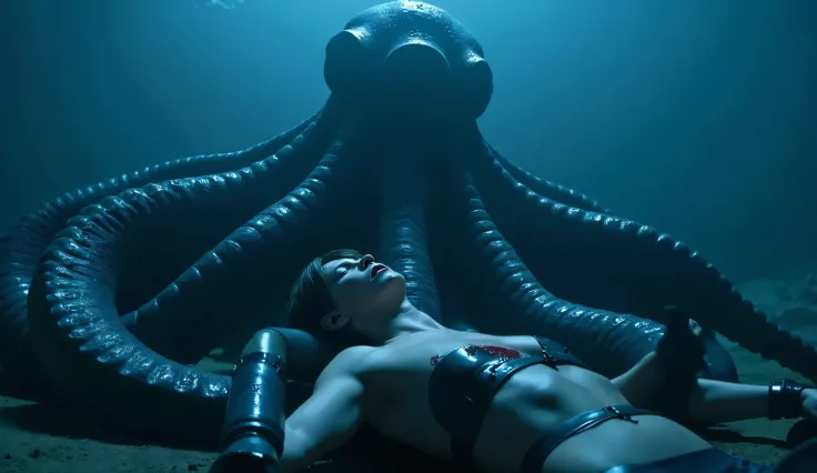  Jill Valentine totally NAKED,  is being eaten by a huge zombie octopus {x} is being eaten by a huge zombie octopus, underwater in the sea。
She passed out. She has blood on her chest. Her bloody body, Has been half eaten by the octopus Zombie.
 Realistic s...
