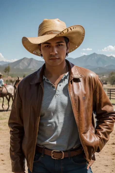 an potrait of an coyboy guy of age around 23 with no beard with background of mexico mountains and sunny days, subject is posing to camera while an bunch of cowboys watching him in thier horse on the background, high resolution, 8k, brown skin, old mexico ...