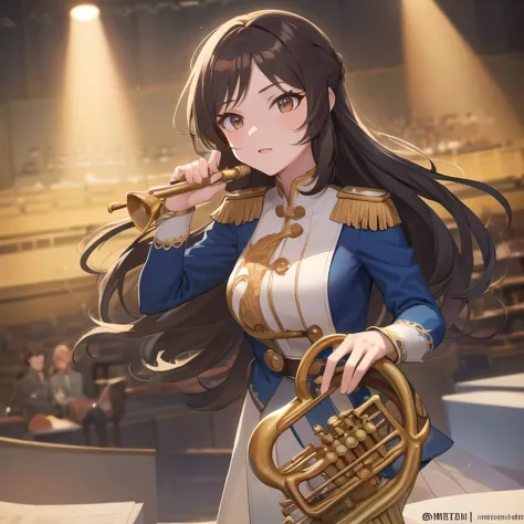 Depict a 20-year-old, dazzlingly beautiful woman playing a brass instrument in a grand concert hall. She wears an elegant yet practical band uniform, designed with intricate gold embroidery. Her posture is poised, fingers positioned with precision, her eye...