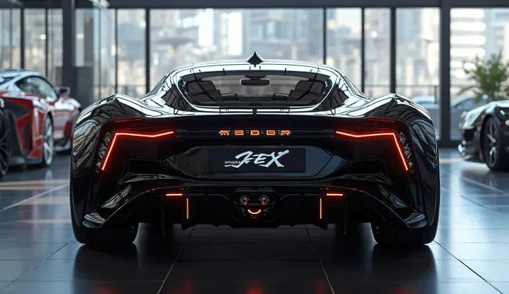 A hyper-realistic 3D render of the 2025 Zeekr 7X in a stunning, glossy Pure Black color, captured from a perfect straight back view. The rear of the car features a seamless and modern design with ultra-detailed glossy black taillights. The 'Zeekr' logo is ...