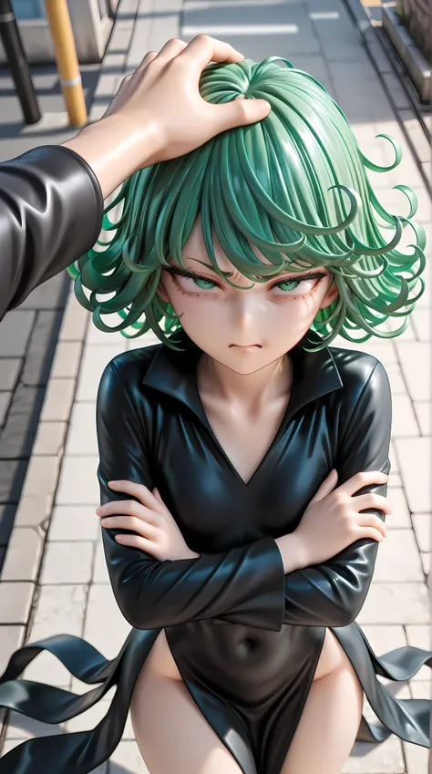 solo, 1girl, looking up, crossed arms, upturned eyes, half closed eyes, (disgust:1.3), :/, pov hand, hand on another's head
BREAK tatsumaki, short hair, curly hair, long black sleeves, dress, flat chest, 
BREAK sunset, (outdoor, street:1.3)
BREAK pov, (fro...