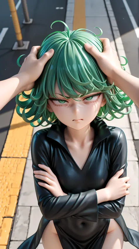 solo, 1girl, looking up, crossed arms, upturned eyes, half closed eyes, (disgust:1.3), :/, pov hand, hand on another's head
BREAK tatsumaki, short hair, curly hair, long black sleeves, dress, flat chest, 
BREAK sunset, (outdoor, street:1.3)
BREAK pov, (fro...