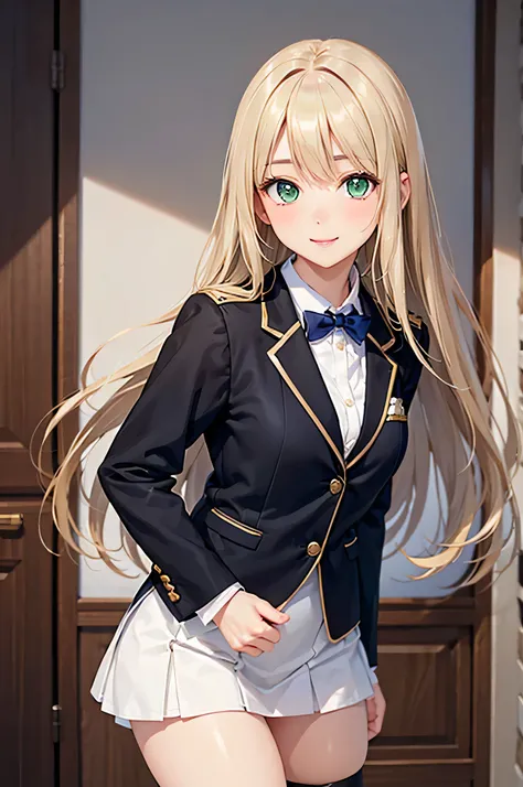  8k resolution,((highest quality)),Ultra High Resolution, Adult Female, alone,  sexy, (gentle smile), ( lime green eyes ), Beautiful Symmetrical Face, (blonde straight long hair),blazer uniform,white shirt,check miniskirt excluding the room,stockings,reali...