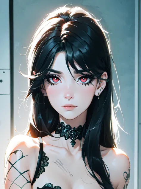 emo_hairstyle,, black tie, ((long hair)), ((straight hair)), (((black hair))), white skin, pale, white, , tired expression, choker, ((dark makeup, mascara, eyeshadow, tattoos)), multiple piercings, best quality, 8k,, erotic, slytherin, (fishnet outfit, lac...