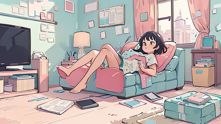 (masterpiece、highest quality、highest quality、official art pastel colour,
a girl, lying down on sofa, living room, tv, radio, cat, 