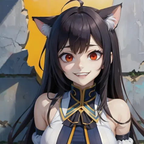 Highly detailed, High Quality, Masterpiece, beautiful, Johnny,  broken wall, face only, gesugao, gesugao facial expression, sadistic smile, \( , cat ears, (red eyes), long hair, black hair, (Ahoge), straight bangs,\), 