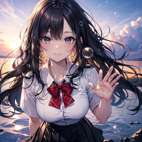 flowing hair with handprints, beautiful sky from the light source,  beautiful clouds, summer, Colorful Flowers, (Transparent bubbles sparkle in the sky), Standing on the riverbank, sunset, 
viewer,  school uniform, pleated skirt, black pantyhose, gravure p...