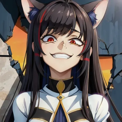 Highly detailed, High Quality, Masterpiece, beautiful,  (( broken wall, face only)), gesugao, gesugao facial expression, sadistic smile, \( , cat ears, (red eyes), long hair, black hair, (Ahoge), straight bangs,\), 