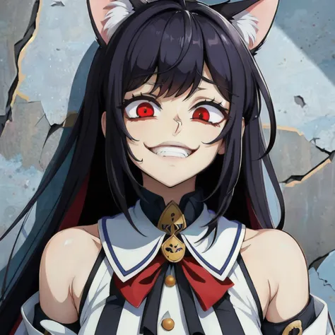 Highly detailed, High Quality, Masterpiece, beautiful,  (( broken wall, face only)), gesugao, gesugao facial expression, sadistic smile, \( , cat ears, (red eyes), long hair, black hair, (Ahoge), straight bangs,\), 