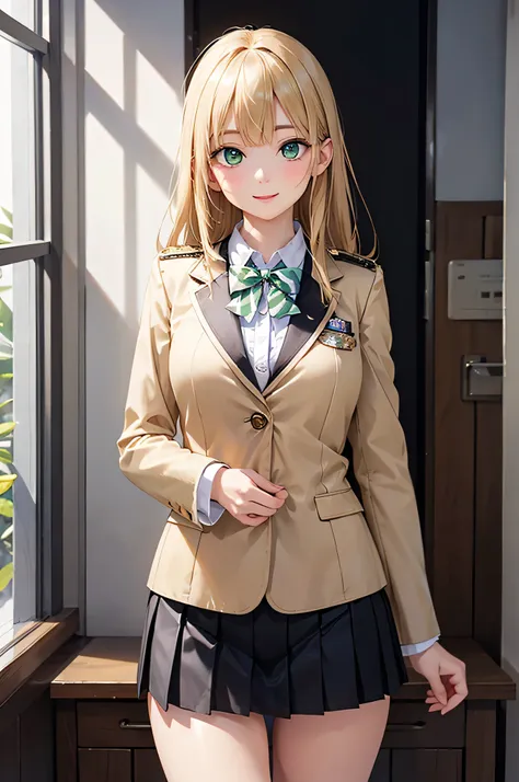  8k resolution,((highest quality)),Ultra High Resolution, Adult Female, alone,  sexy, (gentle smile), ( lime green eyes ), Beautiful Symmetrical Face, (blonde straight long hair),blazer uniform,white shirt,check miniskirt excluding the room,stockings,reali...