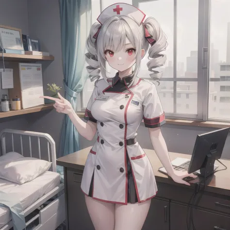 A breathtakingly beautiful 20-year-old woman stands in a warmly lit hospital room, dressed in a white mini-skirt nurse uniform with a matching cap. Her shy smile adds a touch of charm, while the surrounding medical equipment and furnishings create an authe...