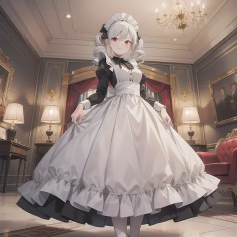 A breathtakingly beautiful 20-year-old woman stands in an opulent mansion room, dressed in a classic black-and-white maid outfit with a short hem and a white brim cap. Her confident smile radiates warmth. The room features elegant furnishings and decor bef...