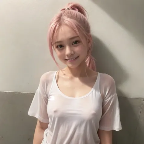 (Girl with pink ponytail hair)、smile、Baby Face、My clothes are wet from the rain and I can see through my nipples、white t-shirt、 jeans、(flat chested:1.3)