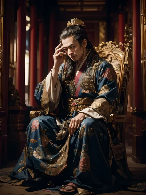 highest quality、Very detailed、The emperor is holding his head and worried、He is sitting on a throne in a luxurious palace、he is a Japanese man、He is an aristocrat in the Heian period、he's wearing a luxurious kimono、