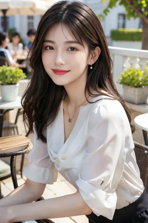 masterpiece, Highest quality, realistic, Very detailed, Finer Details, High resolution, 8k wallpaper, One beautiful woman,Wear a nice blouse, On the terrace of a lovely cafe, 、    black hair、Wavy Hair、Hairstyle medium long、   ear piercing、necklaces、smile
