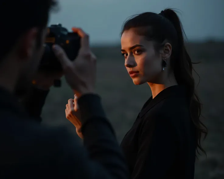 photographer holds the camera,  His face is focused , and looking at the.  Beautiful girl, posing in the twilight. Her image is emphasized by soft light, falling on her face and, Creating a contrast with the dark background. Overall the atmosphere is myste...