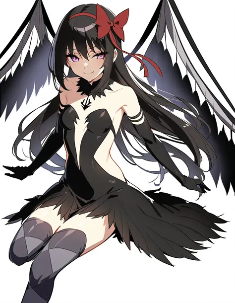 1girl, akuma homura, solo, long hair, wings, gloves, elbow gloves, black hair, smile, purple eyes, thighhighs, black gloves, argyle legwear, argyle, bare shoulders, looking at viewer, dress, soul gem, hair bow, bow, choker, feathered wings, white backgroun...