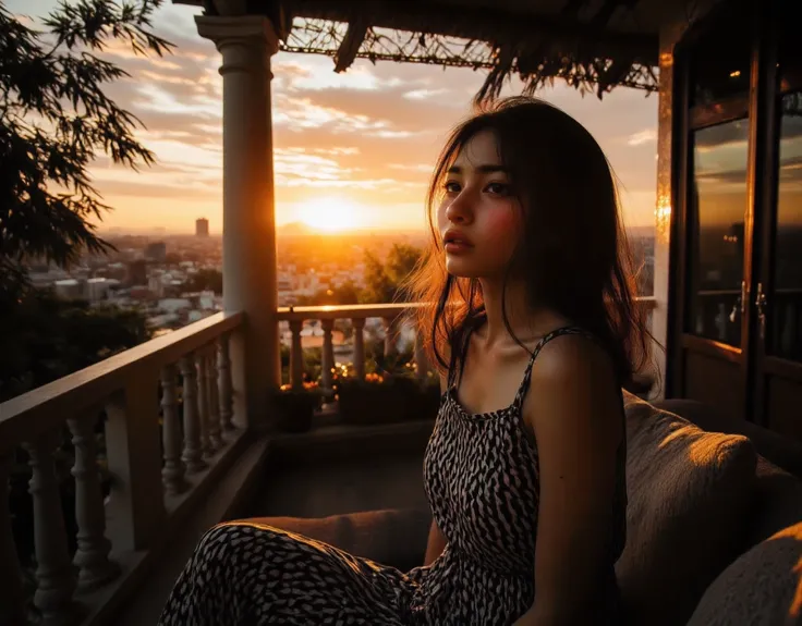 Overlooking the city, mountain sunset, exquisitely detailed and beautiful photo, (Large prominent perky breasts squeezing together to show cleavage) Flash photography, gyaru, Aesthetically pleasing cinematic composition, epic perspective, dramatic lighting...